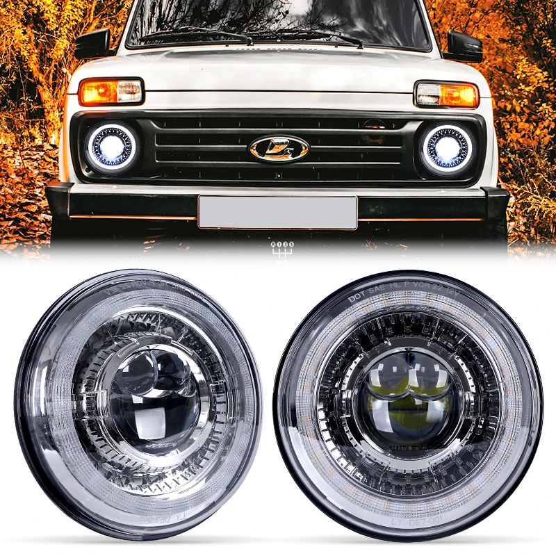 

7Inch Angel Eyes Led Headlight Running Lights For Land Rover Defender 90 /110 Led 7" Headlamp For VAZ 2121 Lada 4x4 Urban Niva