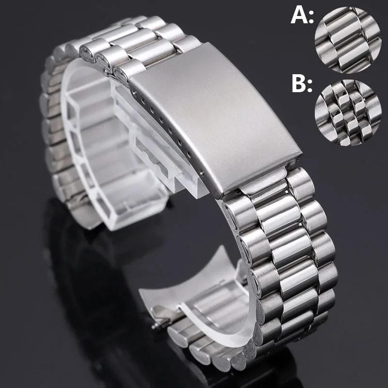 Curved End Stainless Steel Watch Band 18/20mm Two Styles Metal Link Universal Strap for Rolex for Seiko Folding Buckle Bracelet