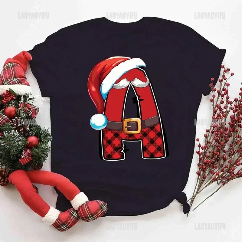 Christmas Tartan Alphabet Graphic Short Sleeve Women Tee Xmas Hat Print Clothes Cartoon Men Clothing Festival Gift Casual Top