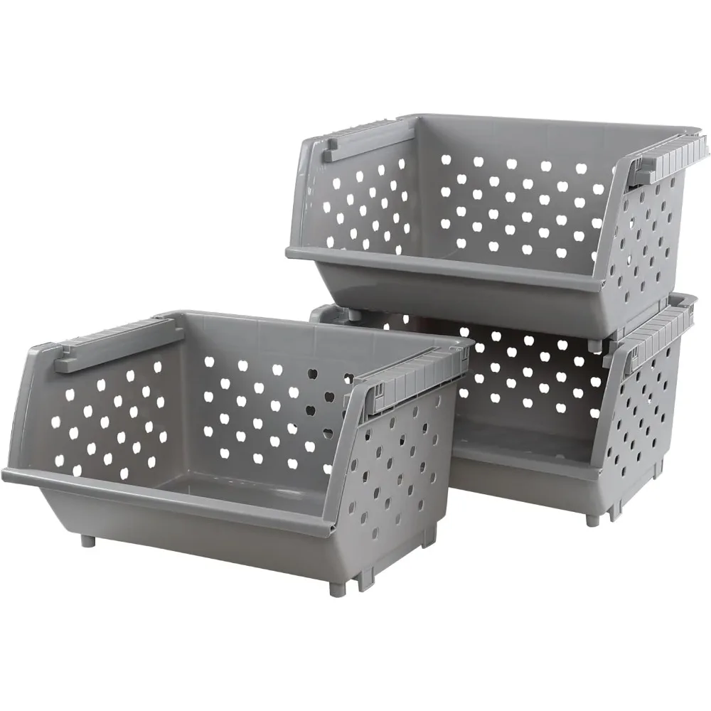 

3 Pack Plastic Stackable Storage Baskets, Open Front Stacking Bins, Grey