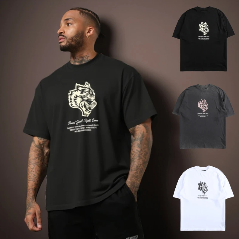 

Wolf Head men American-style short-sleeved T-shirt fitness clothes top retro training suit loose pure cotton sports heavyweight