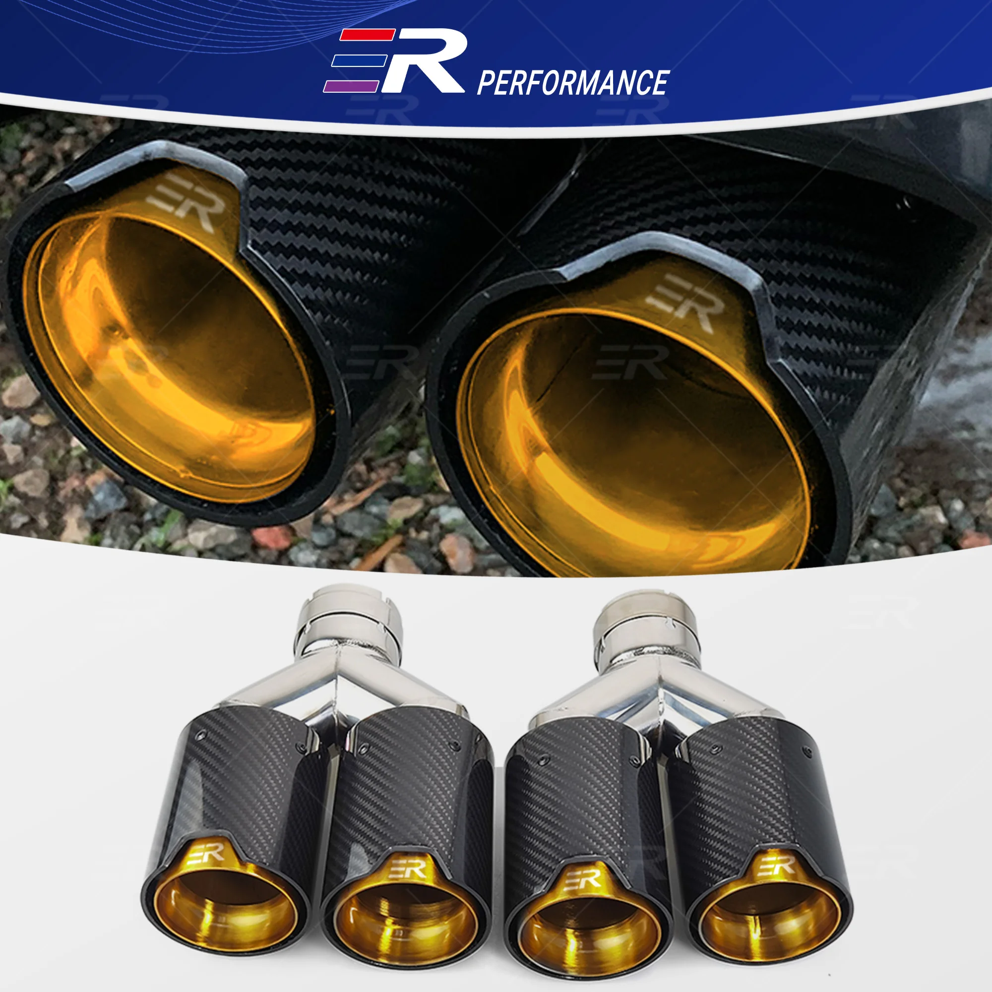 1PCS ER Real Carbon Fiber Exhaust Tip Gold Stainless Steel Car Accessories Dual Exit Muffler Pipe Car Decorative For BMW Modify