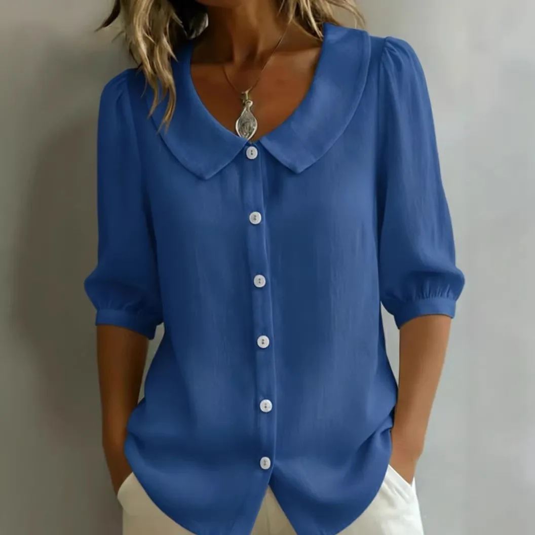 

Women's Blouse Short Sleeve V Neck Button Front Solid Color Loose Fit Green Shirt Puffed Sleeve White Top Lightweight Fabric