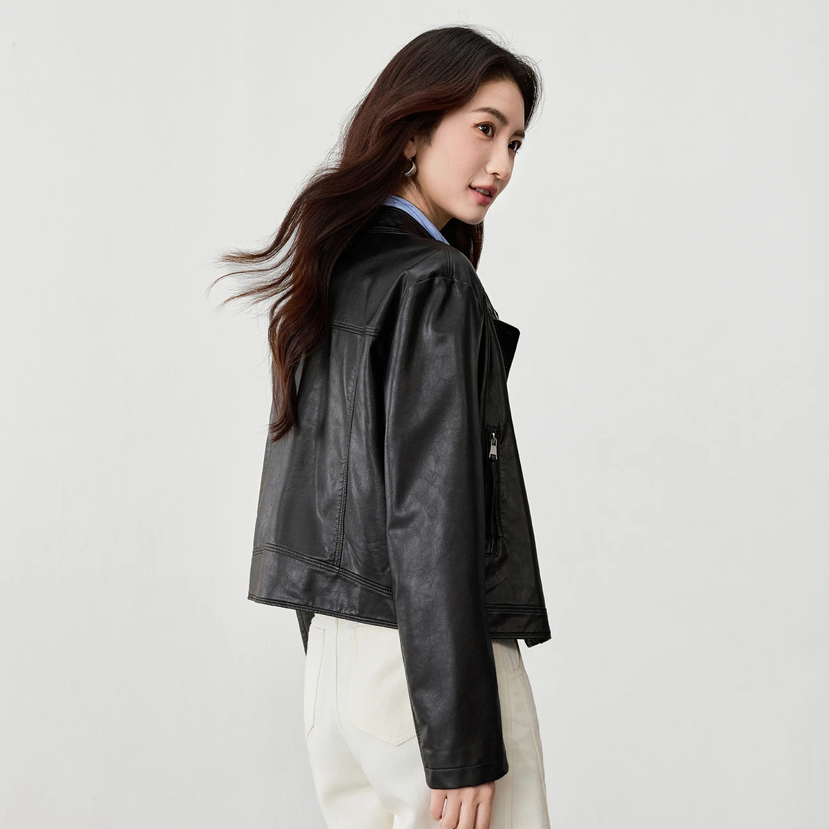 SENTUBILA Women's Faux Leather Jackets 2026 Autumn New Solid Zipper Stand Collar Jacket Casual Simple Long Sleeve Coat W53GA3325