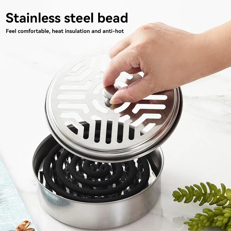 Stainless Steel Mosquito Coil Holder Lid Household Fireproof Mosquito Incense Burner Safe Anti‑scald Mosquito Coil Storage