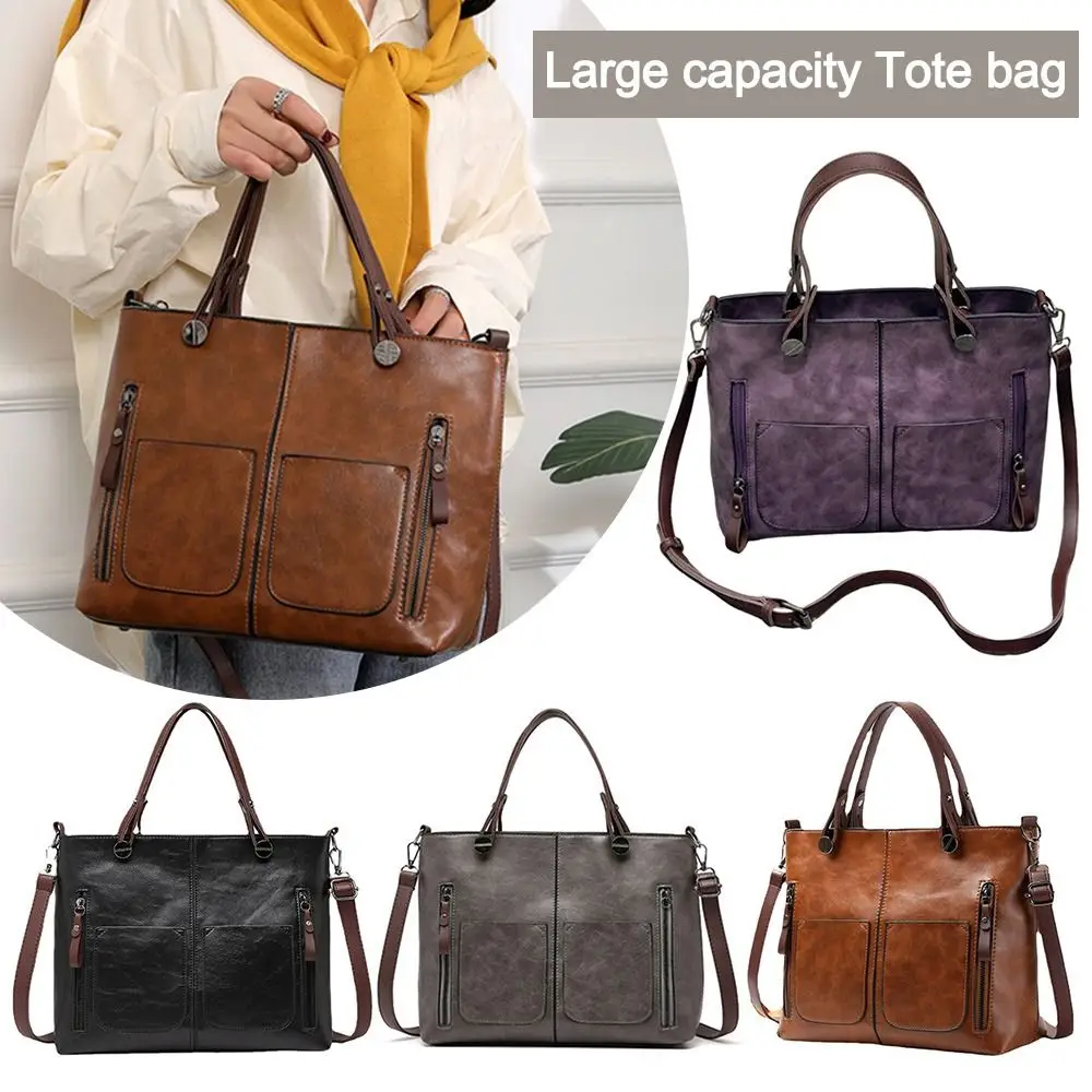 Large Capacity Shoulder Bag Multifunction Multi-Pocket PU Leather Tote Bag Adjustable Shoulder Strap Shopping Bag Women