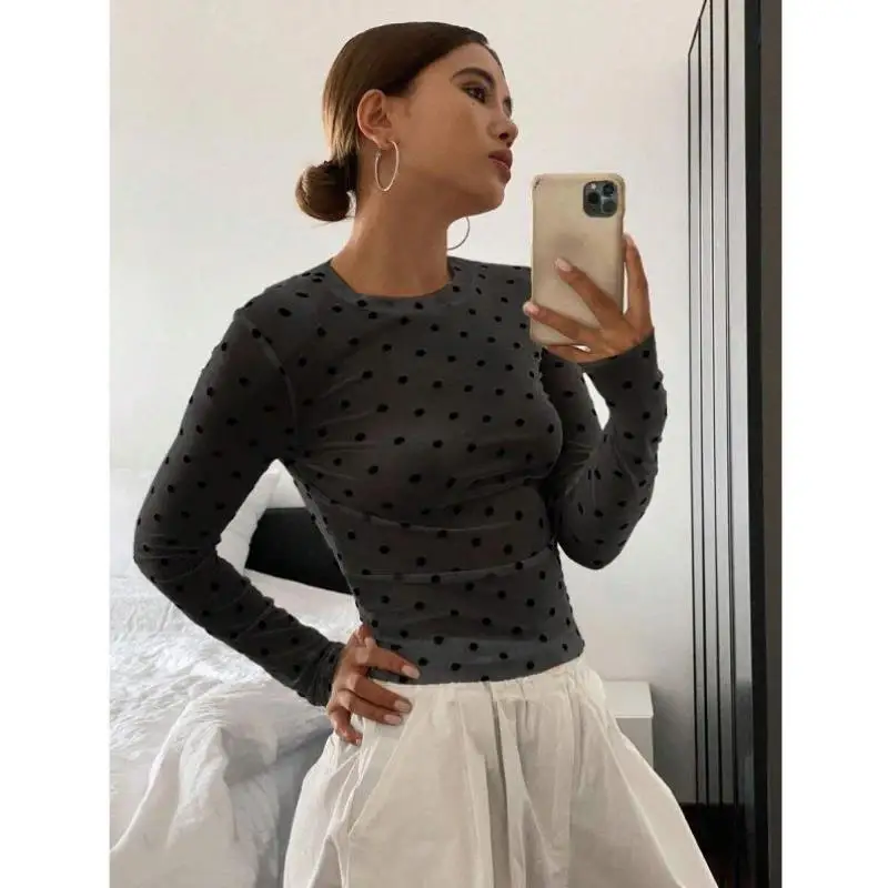 Faionable Slim Fit round Ne Long Sve Polka Dot irt Новое поступление Cross Border Q 786 Жилет из искусственной кожи Thiened для Mi...