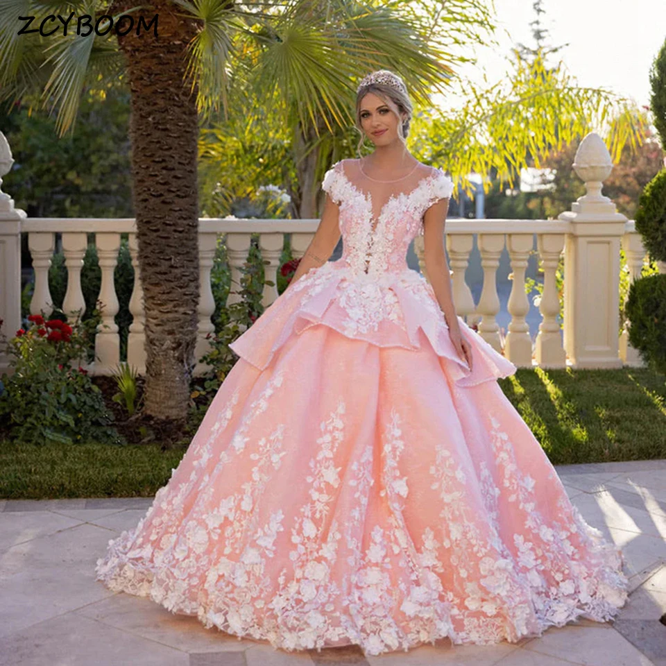 Personalizado rosa o-pescoço flores lantejoulas pérolas apliques sem mangas vestido de noite 2024 vestido de baile até o chão vestido quinceanera