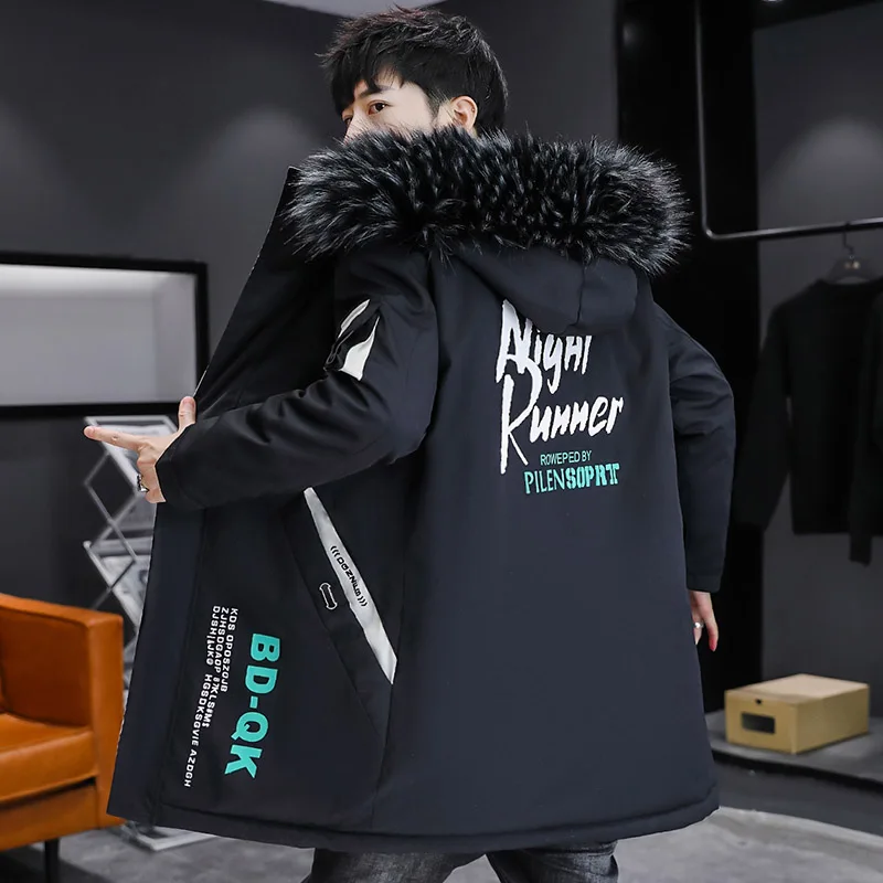 2024 Autumn Winter Men\'s Thicken Plush Windbreaker Parkas Streetwear Mid-Length Warm Fleece Jackets Detachable Fur Collar Coats