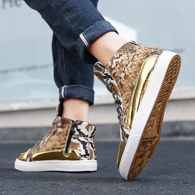 Autumn Winter Fashion Golden Snake Printed Men Flat Shoes Breathable Leather High Top Sneakers Men Lace-up Casual Sneaker Men