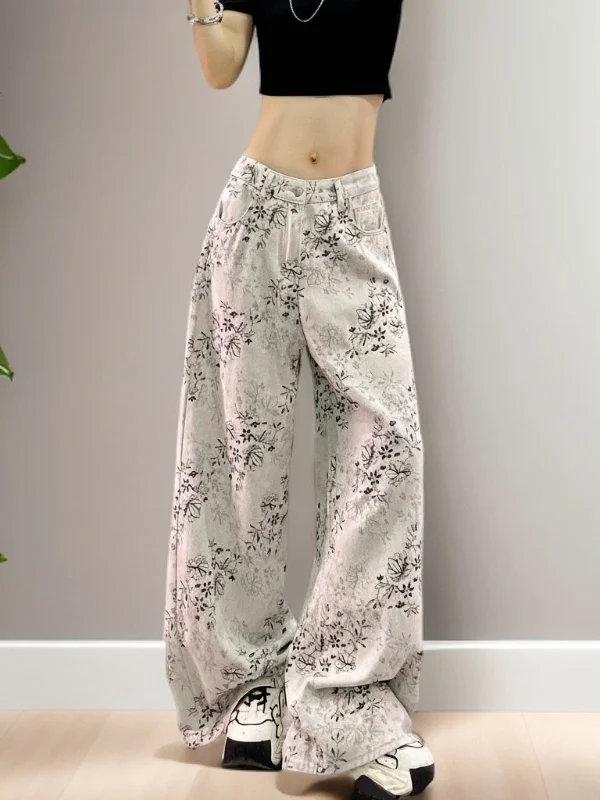 

Retro Versatile Washed Floral Wide Leg Jeans High Waist Women's Design Loose Drapey Floral Straight Cut Floor-Length Pants