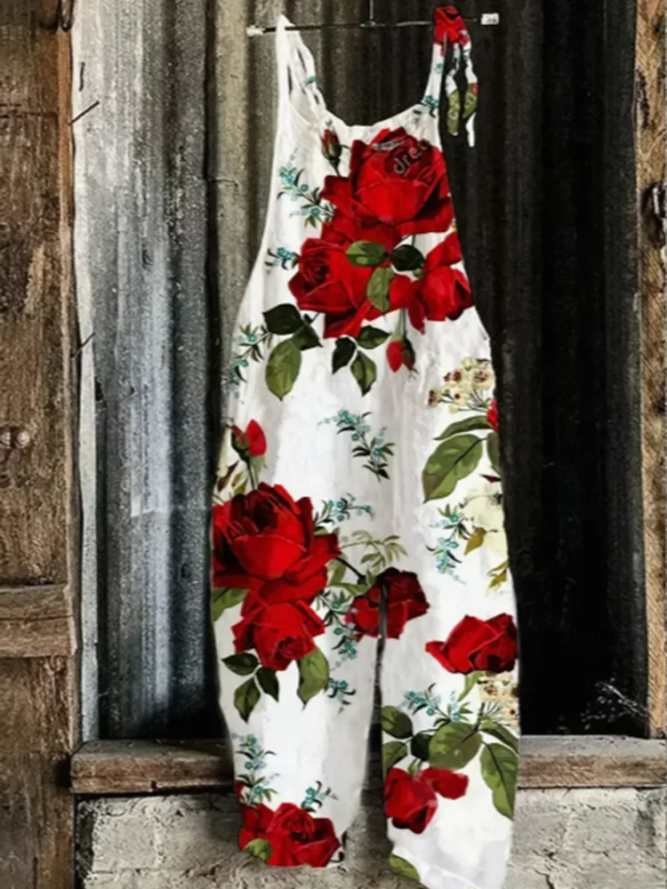 

Большие размеры 1XL-5XL, женский модный элегантный комбинезон без рукавов с цветочным принтом, женский повседневный комбинезон с v-образным вырезом на шнуровке, весенне-летний наряд