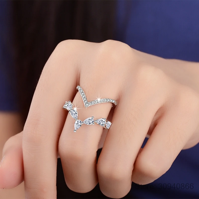 Double Layer V-shape Moissanite Ring Delicate Lab Diamond Ring 925 Sterling Silver for Women Engagement Wedding Jewelry MSR041
