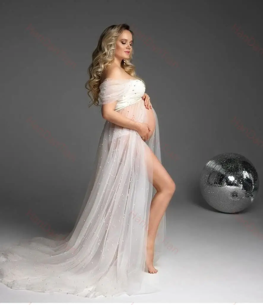 

Maternity Dress front Open for Photoshoot Tulle with Pearls Off-the-shoulder Lace Up Back