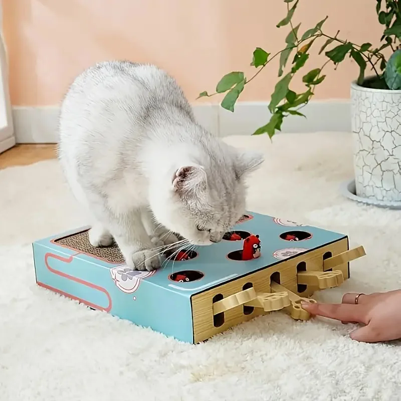 

Interactive Cat Play Scratch Whack-A-Mole Puzzle Toy Scratching Post with Catnip Cardboard Box to Relieve Boredom and Boost IQ