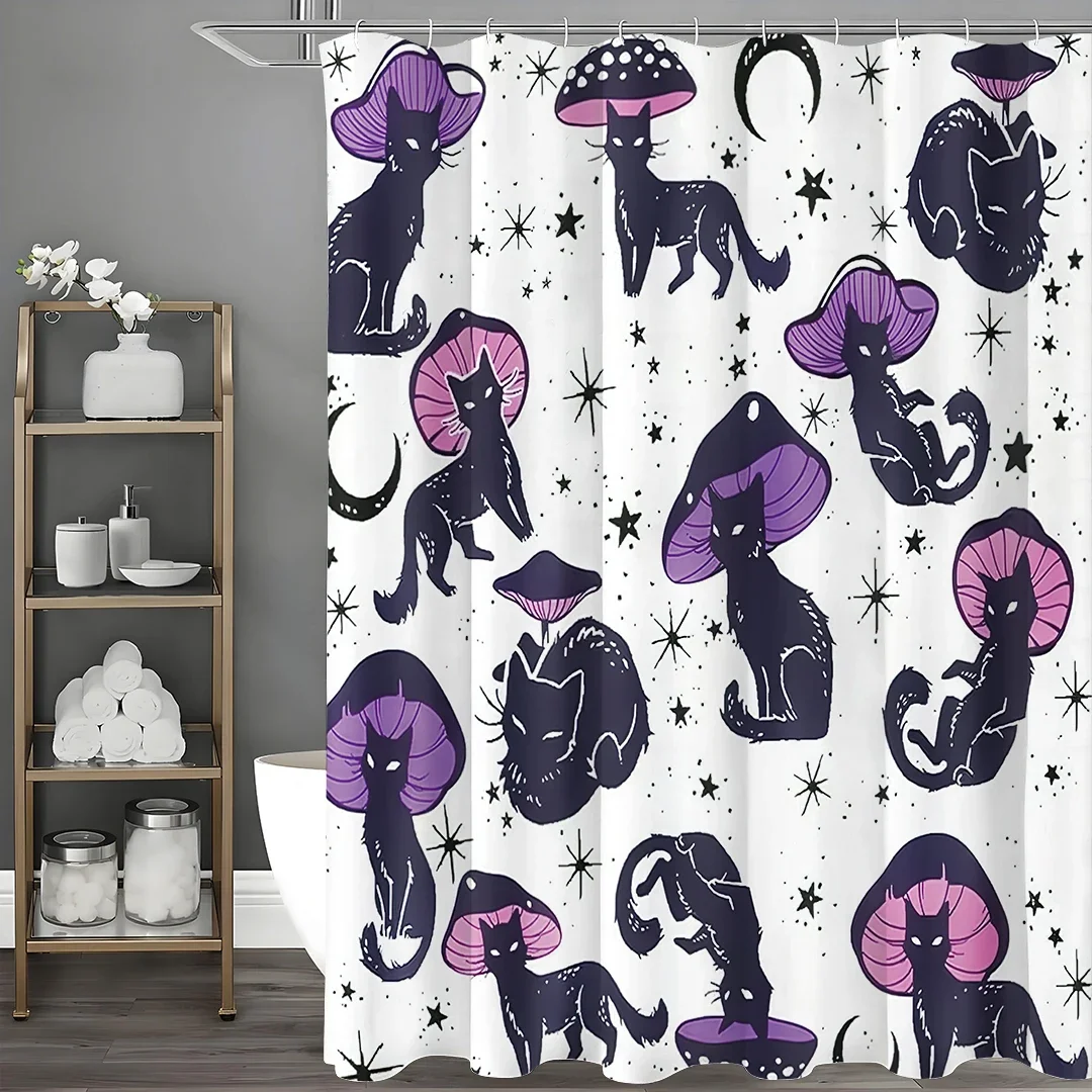 

Cute Cat Mushroom Beautiful Unique Interesting Black Purple White Shower Curtain, Bathroom Decorative Shower Curtain, Waterproof