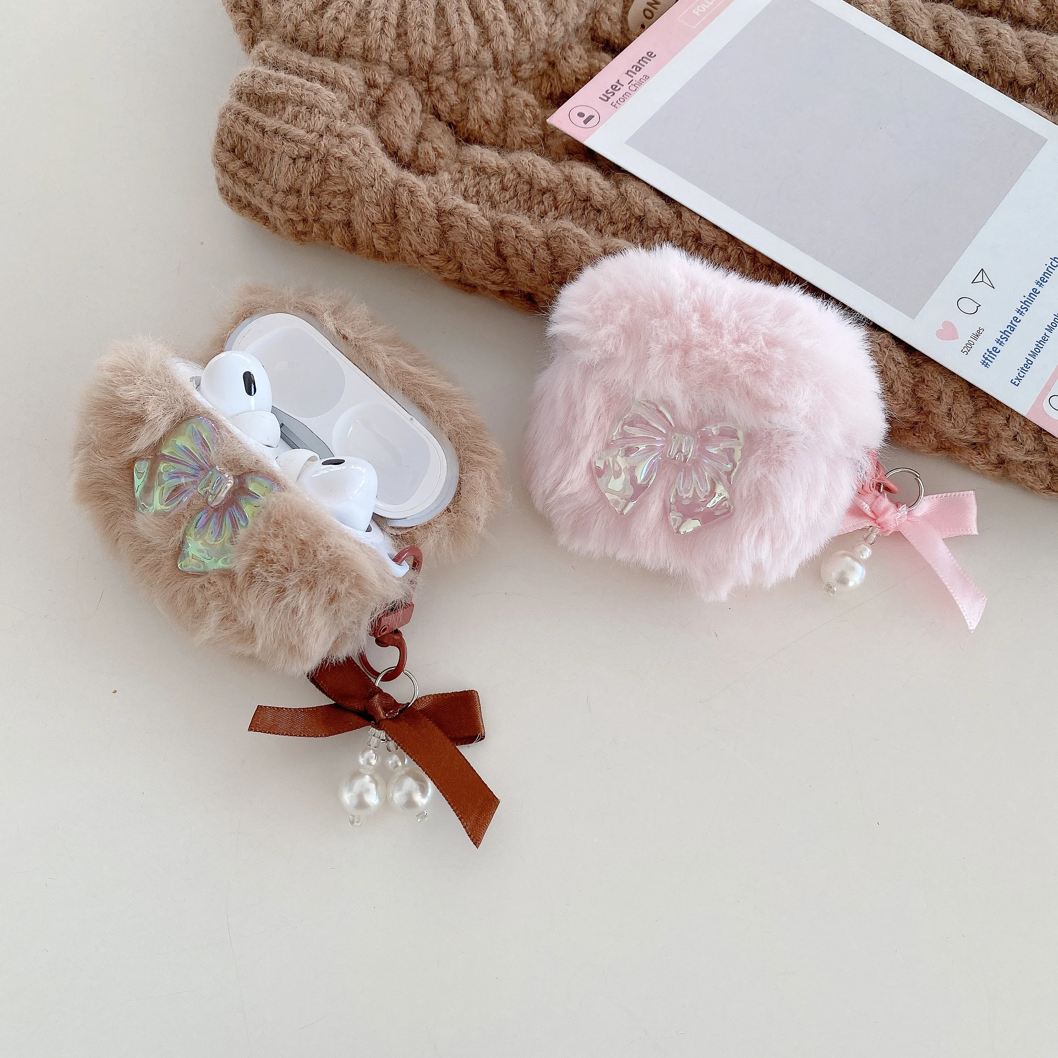 cute pink bow soft plush fluffy bluetooth headphone protector case for airpods 1 2 3 4 pro 2 protective cover luxury bracelet