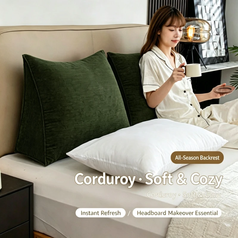 Ergonomic Wedge Reading Pillow Corduroy Triangular Headboard Backrest Cushion High‑Resilience PP Cotton Filled for Sofa Bed Use