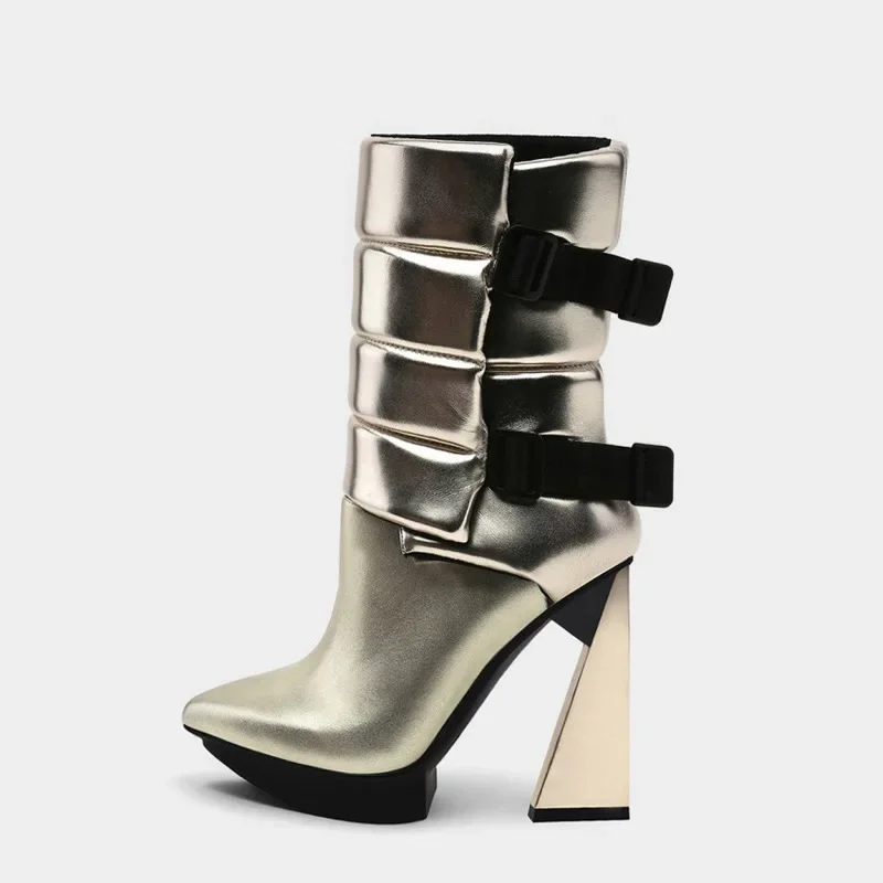 Fashion Platform Strange Heels Embossed Ankle Boots White Gold Black Leather Pointed Toe Geomatric Heel Women Stage Rock Booties