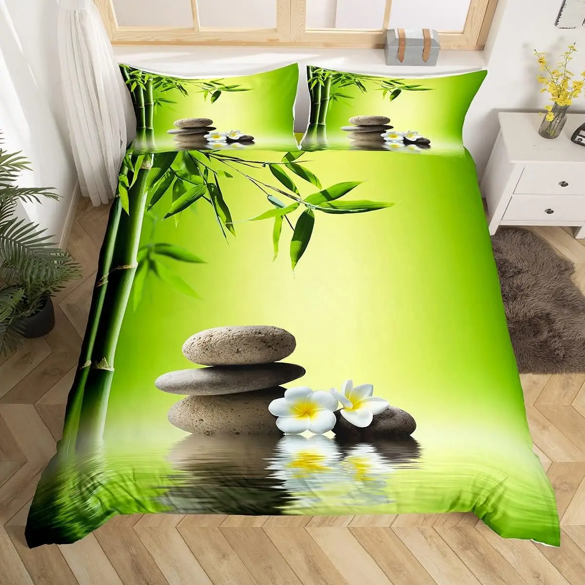 Stone Zen Duvet Cover Green Bamboo Fragrance Bedding Set Meditation Comforter Cover Nature Artworks Quilt Cover Twin Full Size