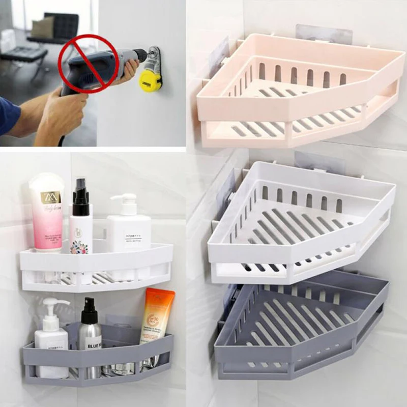 

1pcs Wall-mounted No Punching Triangle Shelf Shower Bathroom Corner Toiletries Holder Corner Home Organizer Plastic Storage Rack