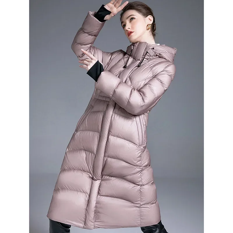 Black Hooded Down Jacket Women Winter Long Overcoats Below The Knee Slimming Coats Thickening White Duck Trendy Slim Waist Tops