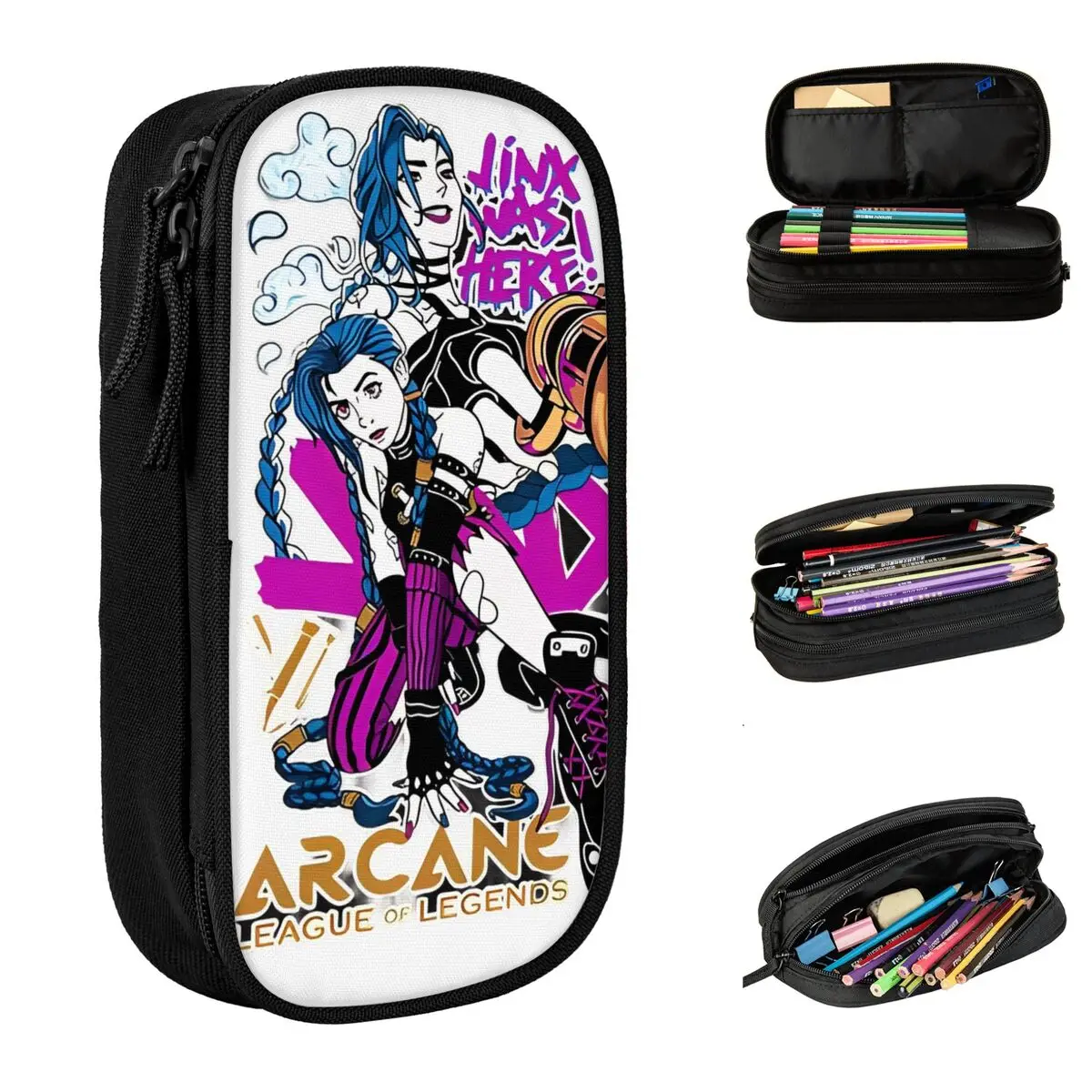 Novo arcano jinx gráficos lápis caso bolsa caneta caixa para estudante grande armazenamento sacos de lápis escritório zíper papelaria