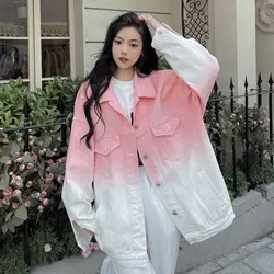 Pink Tie Dye gradientowe kurtki jeansowe damskie jesienno-zimowe nowe koreańskie modne luźne w całości zapinana na guziki z długim rękawem płaszcze typu Oversized