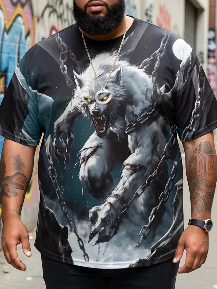 Fashion Men Ferocious White Wolf With Chains Moon Graphic T-Shirt Wild Animal Streetwear Hip Hop Casual Short Sleeve Gothic Tops