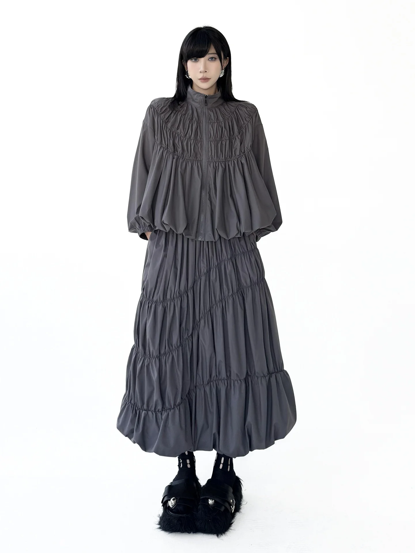 

Fashionable Pleated High Waist Cake Skirt And Stand Collar Shirt Set Women's Loose Fit Long Sleeve Winter Spring Outfit