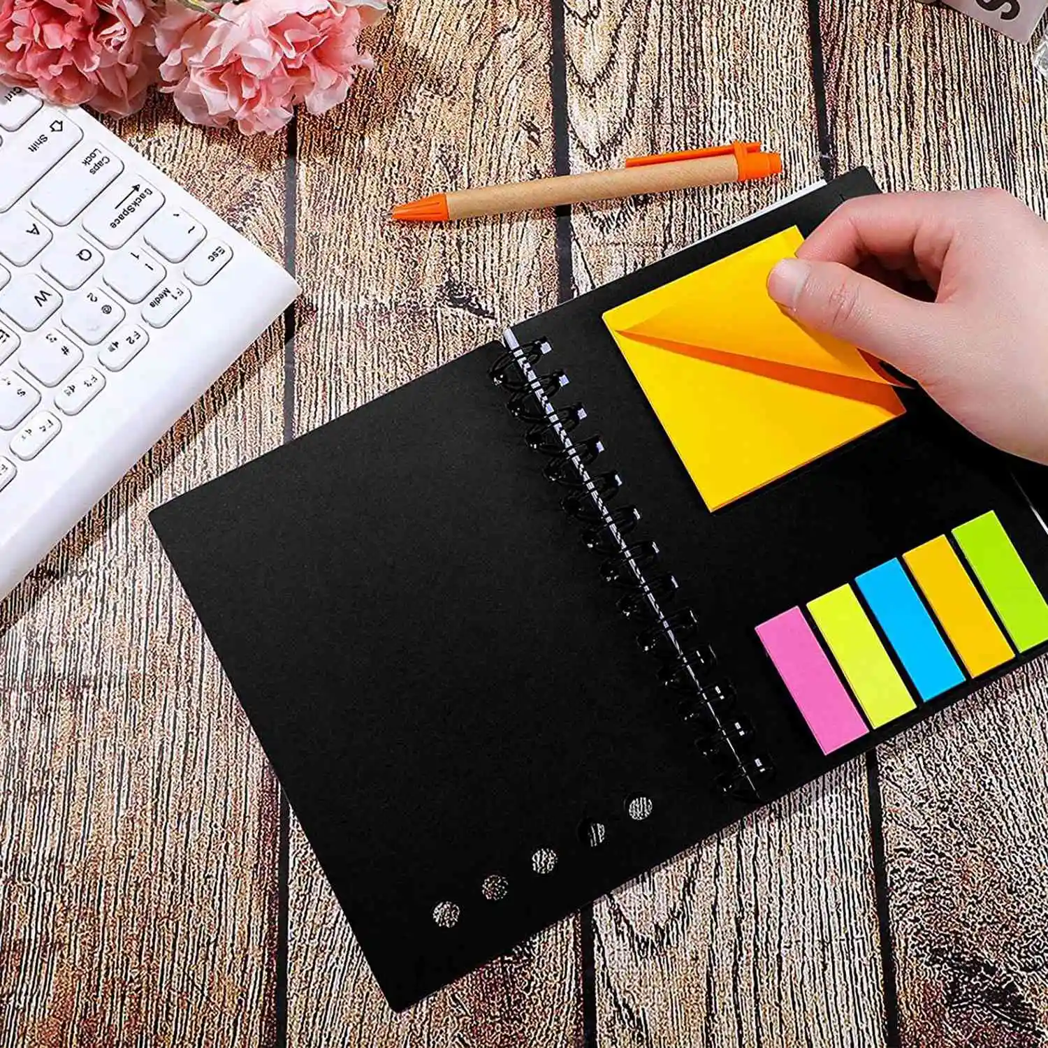 A13E-Pack Of 8 Lined Spiral Notebook Kraft Cover Notepad Notepad With Pen In Stand Page Markers Sticky Notes Color Index Tabs