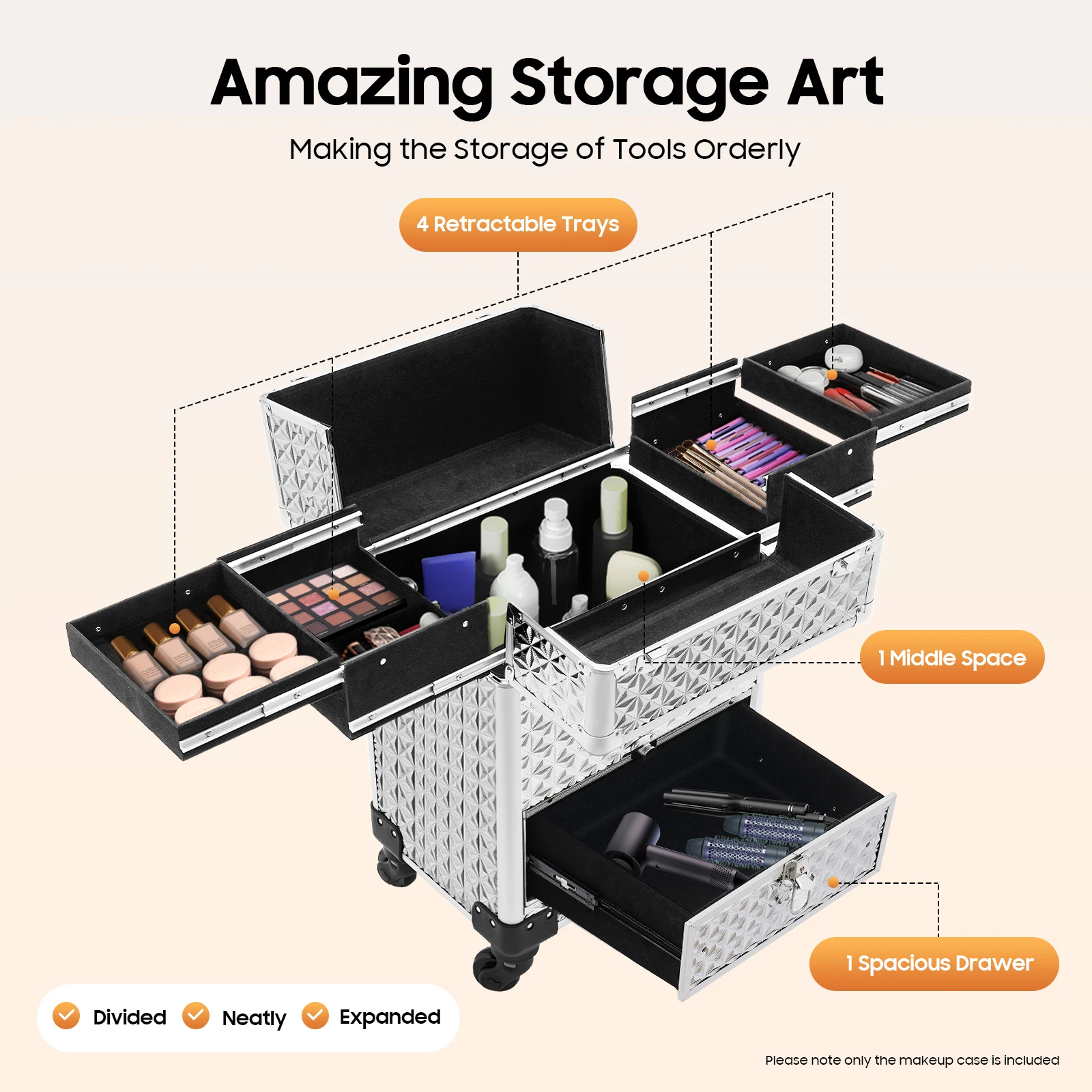 Rolling Makeup Case with 4 Detachable Wheels Aluminum 44.09 lbs Portable Drawer Hand-held Key Lockable (Silver) for Contests