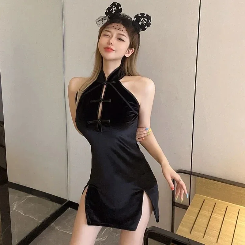 Vintage chinois traditionnel Qipao Cheongsam Sexy Mini mince fendu robe chinoise Cosplay Costume classique col Mandarin robes