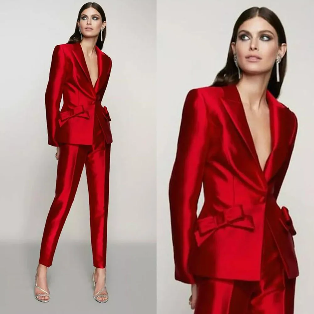 Women's Satin Fabric Suit 2 Pieces Set Elegant Waist Slim Fit Single Button Jacket + Pencil Pants Wedding Tuxedo Casual Fashion