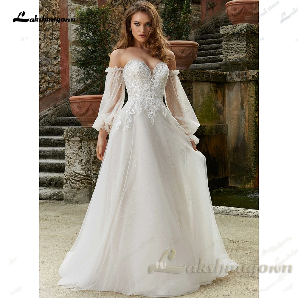 

Lakshmigown Sweetheart Lace Applique Beading Wedding Dress Dectachable Sleeve A-Line Court Train Customized Vestido De Novia
