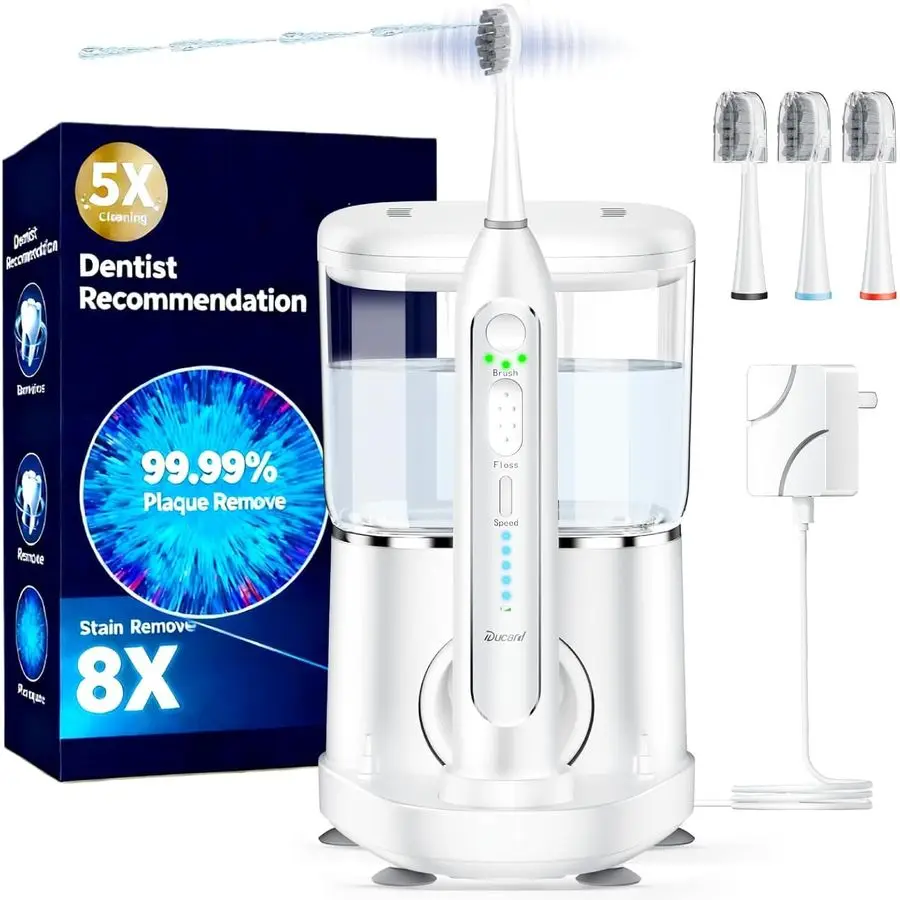 

Toothbrush with Water Flossers for Adults, Upgrade Flossing Toothbrush Combo, 5 Floss Speedsamp3 Brush Modes, 500mL Tank, 30Day