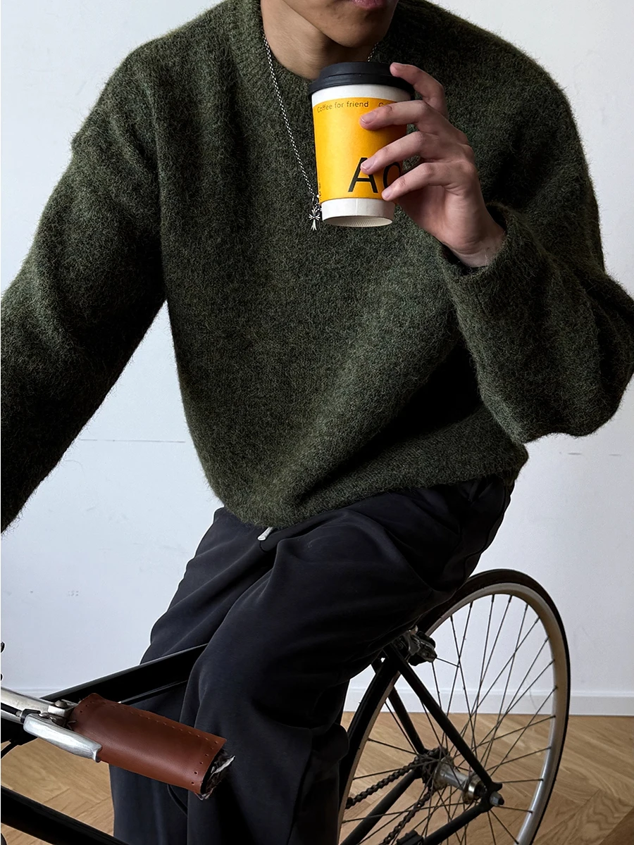 

Extra Large Autumn Winter Thiened Camel Wool Basic round Ne Sweater Men's Thi Warm Loose Inner Knitted Jaet