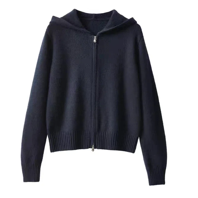 2025 New Fashion Long Sleeved Hooded Cardigan Sweater Women Autumn and Winter Double Zipper Knitted Solid Color Straight Coat