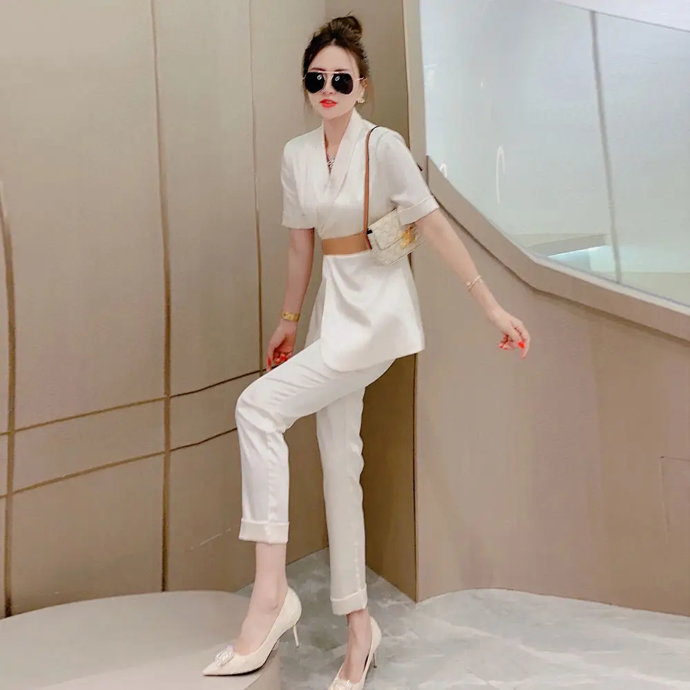 Women's Spring Retro Casual Short-sleeved Satin Blazer Wide-leg Pants Sets French Commuter Waist Blazer Trousers Two-piece Sets