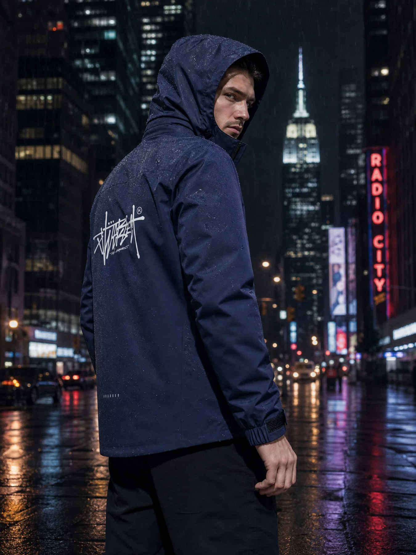 Cool handwritten graffiti printed sweatshirt, detachable hooded windproof and rainproof coat, outdoor commuting zip-up jacket