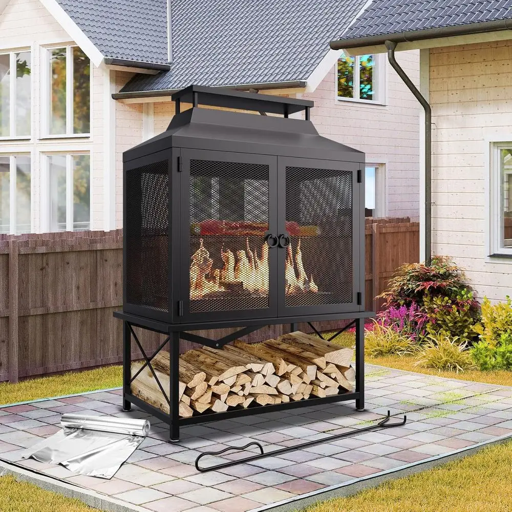 

Grill-Ready Dual-Purpose Metal Chiminea Fireplace for Outdoor Use with Wood Storage, Spark Screen, and Tongs
