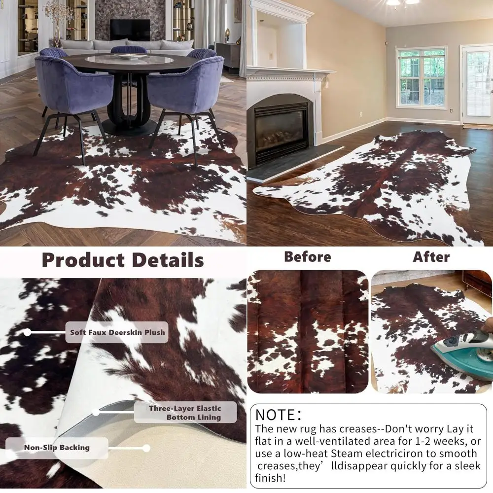 

6.2ft x 5.2ft Faux Cowhide Rug - Brown Animal Print for Home Decor