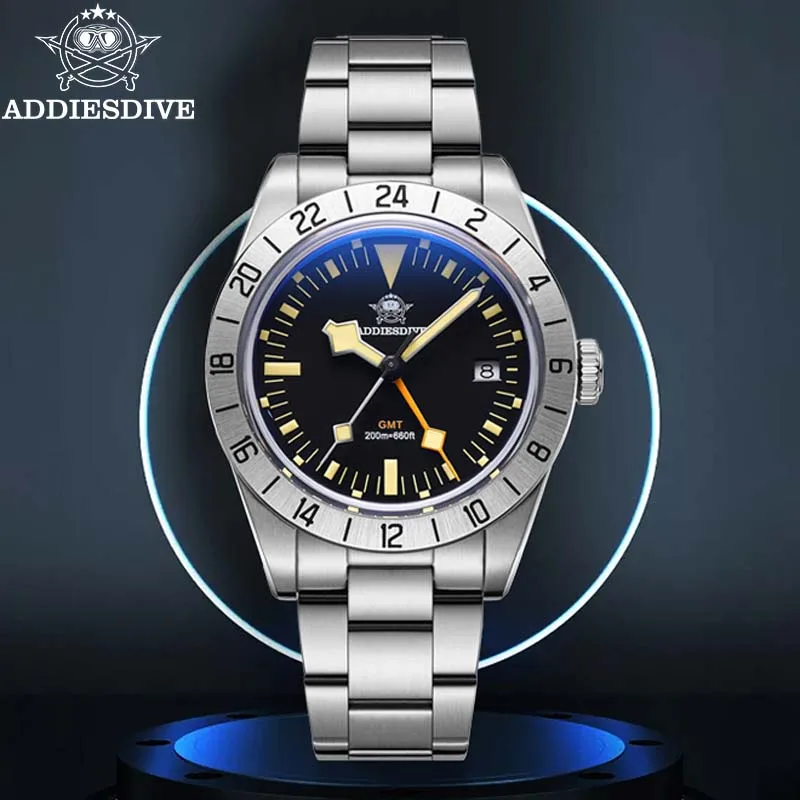 ADDIESDIVE 39mm GMT Quartz Wristwatches 200m Waterproof Diving Watch Luminous Bubble Mirror Glass Stainless Steel Mens Watches