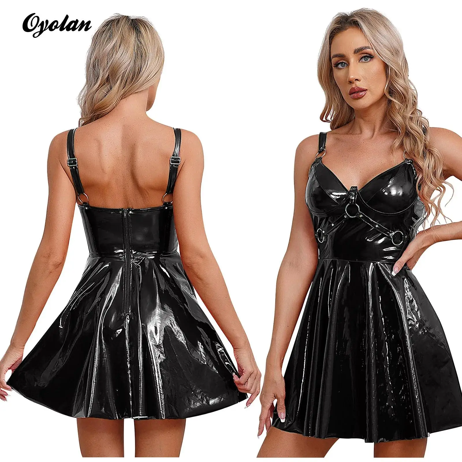 

Sexy Womens Glossy Patent Leather Latex Dress with O-Ring Rivets Gothic Punk Strappy V Neck A-Line Club Mini Dress Clubwear