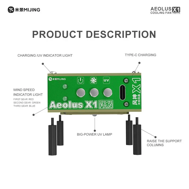 MIJING AEOLUS X1 Cooling Fan for Mobile Phone Maintenance 3-in-1 Smoke Exhausting UV Curing Fast Cooling Lighting Fan