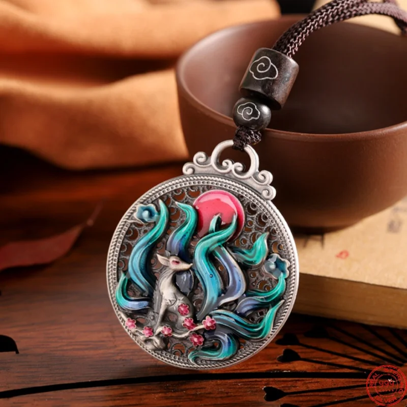 

S999 Sterling Silver Pendants for Women Men New Fashion Enamel Nine-tails-fox Hollow Argentum Wires Punk Jewelry Free Shipping