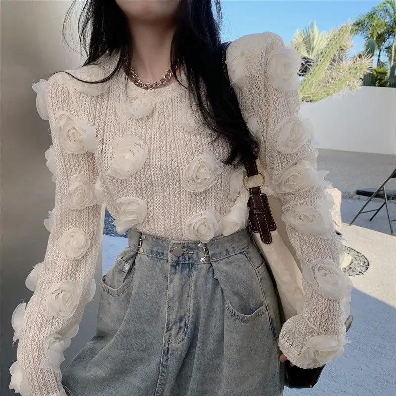 2024 New Lace Slim Hollow Out Long Sleeve Bottom Top Spring Autumn O-Neck Fashion Crop Top Tee All-match Trend Tshirt Pullovers