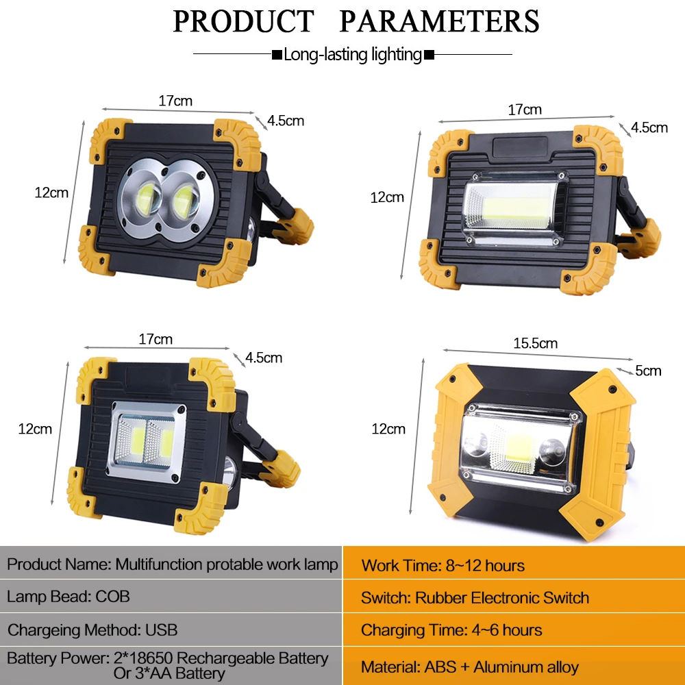 Powerful COB LED Work Light Super Bright 18650 Rechargeable Work Lamp Searchlight Waterproof Camping Light Flood Lights