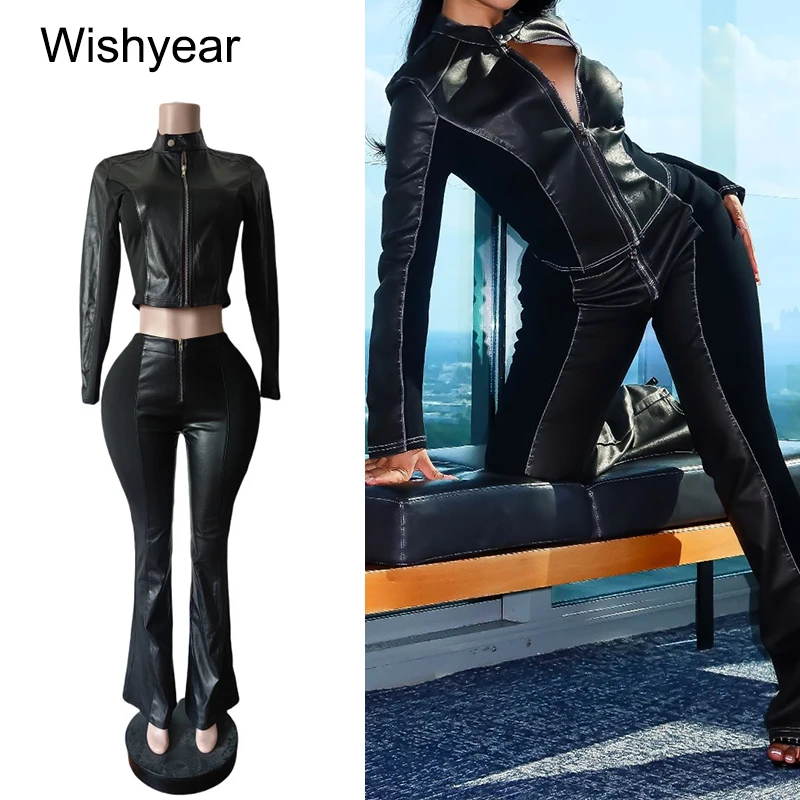 

Street moto bike stretch PU Leather Woman Zip Long Sleeves Jacket Crop Top and flared trousers 2 Pieces Sets Night Club Outfit
