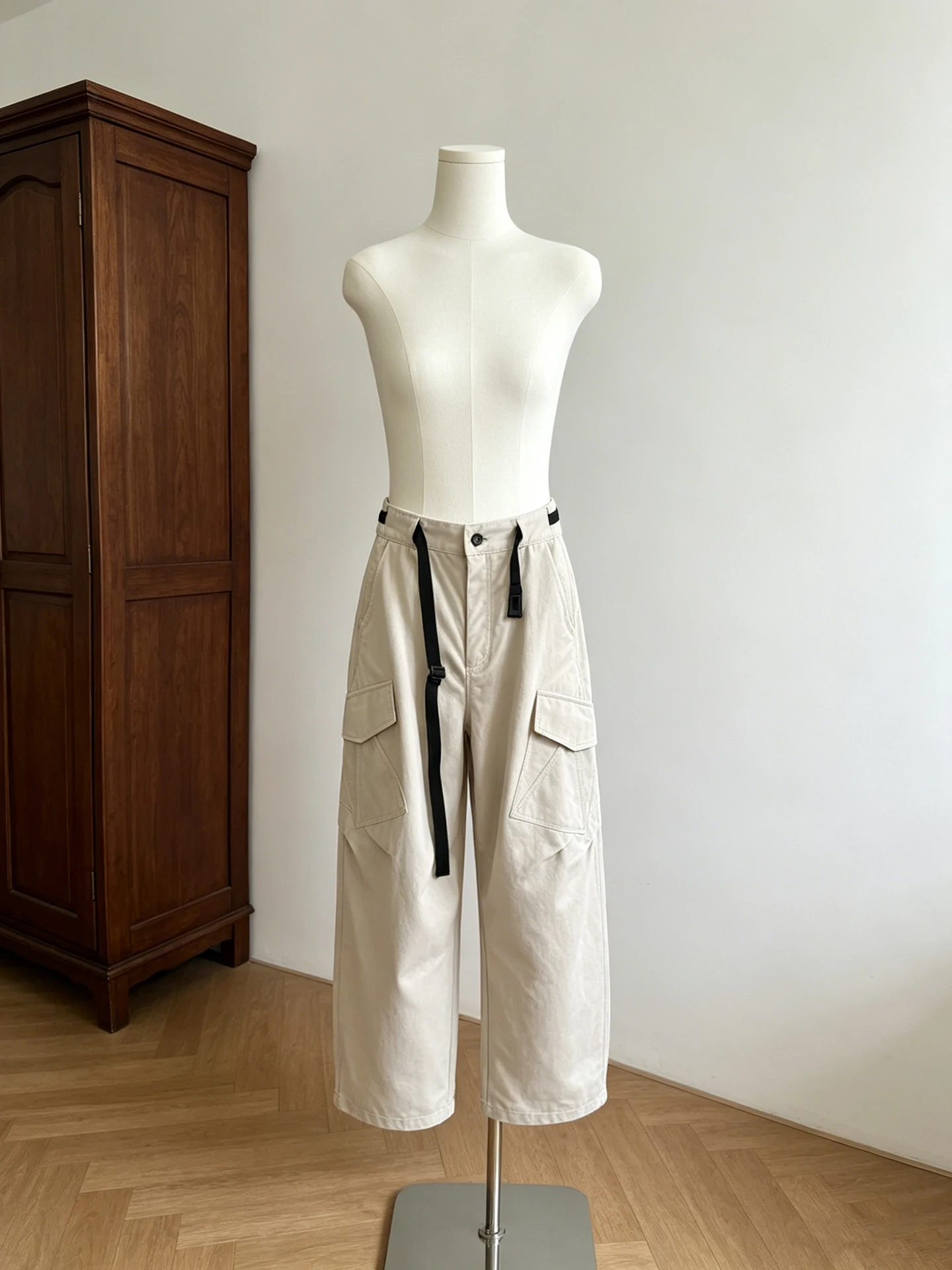 American Retro Loose Multi-Pocket Work Pants Women Summer Thin Slimming Casual Wide Leg Floor-Length Pants High Waist Button ...